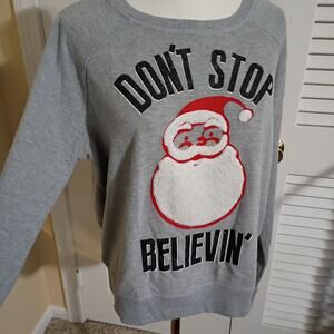 Ugly Christmas Sweatshirt XL-DON'T STOP BELIEVIN'- Grey Cotton/Poly Blend